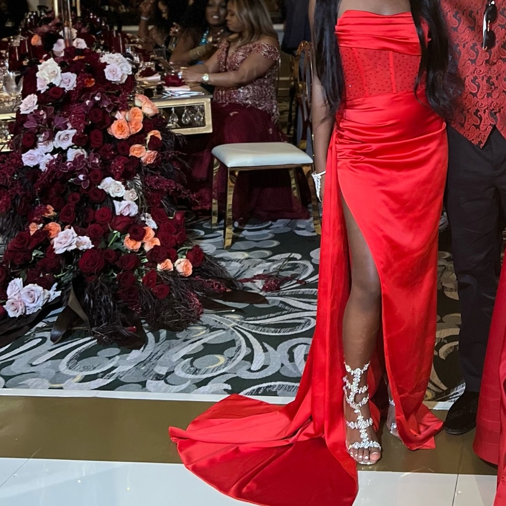 MissCircle Red Crystallized Corset High Slit Satin Gown